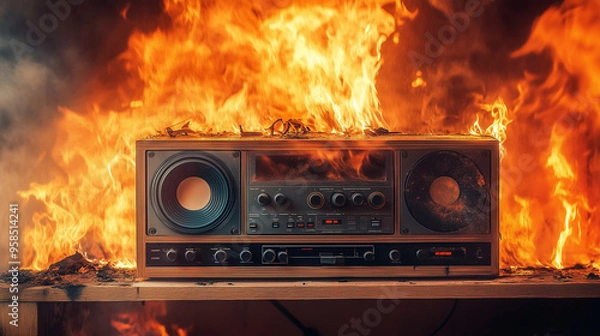 Obraz Vintage Stereo System Engulfed in Flames – Photorealistic Fire and Smoke Scene