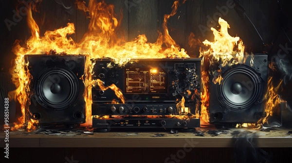 Obraz Vintage Stereo System Engulfed in Flames – Photorealistic Fire and Smoke Scene