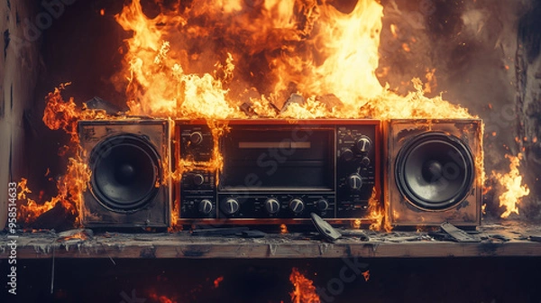 Obraz Vintage Stereo System Engulfed in Flames – Photorealistic Fire and Smoke Scene