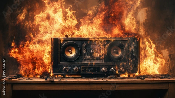 Obraz Vintage Stereo System Engulfed in Flames – Photorealistic Fire and Smoke Scene