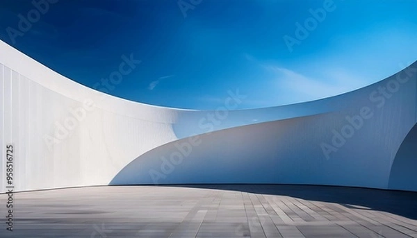 Fototapeta A minimalist, modern architectural scene with a curved wall on the right, forming sharp lines and geometric shapes in white against a blue sky. Smooth curves and subtle.