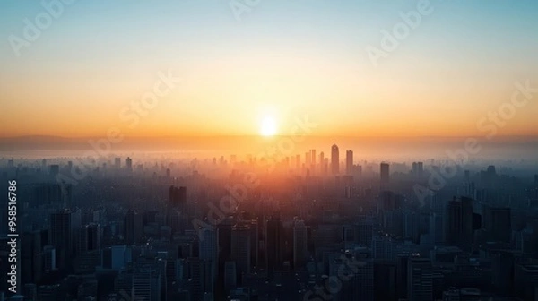 Fototapeta Bright sunrise over a cityscape, representing the dawn of a new era