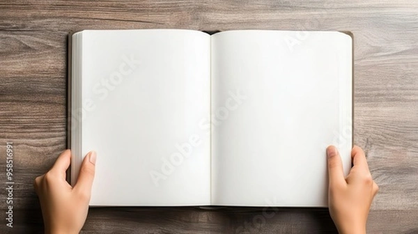 Fototapeta Person opening a book with blank pages, ready to write a new story