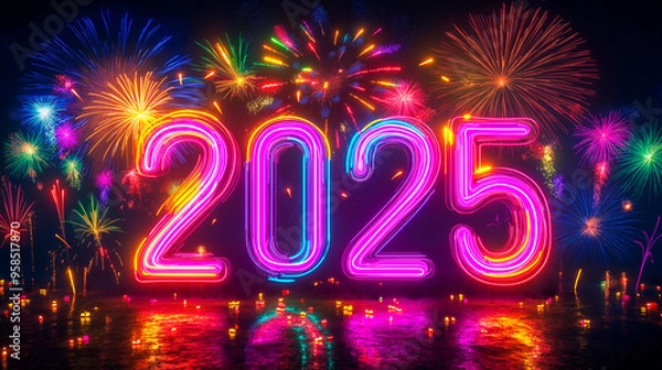 Fototapeta Celebration of the New Year, glowing neon numbers 2025 against a night sky filled with colorful fireworks.