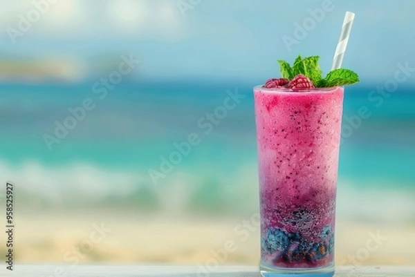 Fototapeta A refreshing berry smoothie adorned with mint leaves, perfect for summer enjoyment by the beach.
