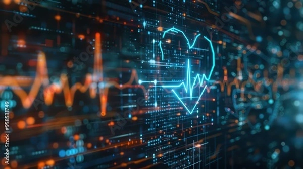 Fototapeta Abstract digital design featuring a heart rate line and glowing elements, symbolizing health, technology, and data monitoring.