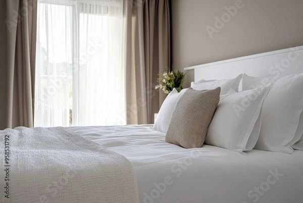Fototapeta A bed with white sheets and a white pillow with a brown pillowcase. The bed is unmade and the curtains are open, letting in natural light. The room has a clean and simple design, giving off a calm