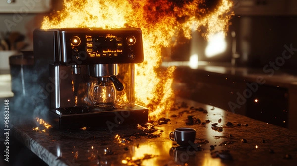 Obraz Coffee Machine Engulfed in Flames on Kitchen Counter – Photorealistic Fire and Smoke Scene