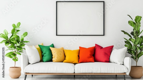 Fototapeta A modern living room features a white couch adorned with colorful pillows, two potted plants, and an empty black-framed picture frame on the wall.