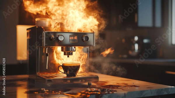 Obraz Coffee Machine Engulfed in Flames on Kitchen Counter – Photorealistic Fire and Smoke Scene