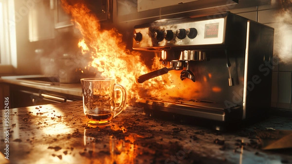 Fototapeta Coffee Machine Engulfed in Flames on Kitchen Counter – Photorealistic Fire and Smoke Scene
