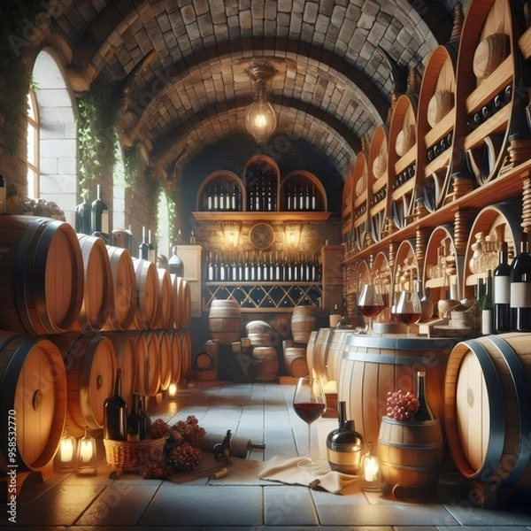 Fototapeta  Wine cellar with wooden barrels, wine bottles and glasses. 3D rendering.
