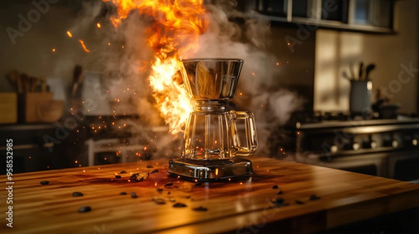 Obraz Coffee Machine Engulfed in Flames on Kitchen Counter – Photorealistic Fire and Smoke Scene