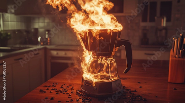 Obraz Coffee Machine Engulfed in Flames on Kitchen Counter – Photorealistic Fire and Smoke Scene