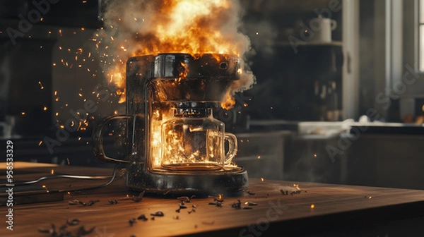 Obraz Coffee Machine Engulfed in Flames on Kitchen Counter – Photorealistic Fire and Smoke Scene