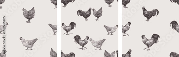 Fototapeta Seamless patterns of sketches various farm roosters and hens, realistic hand drawings, vector backgrounds, wallpaper, paper