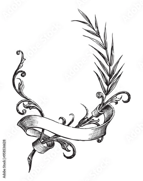 Fototapeta Sketches of decorative vintage twigs swirls, tendrils, ribbon, retro style design element, decor, vector hand drawn illustration isolated on white