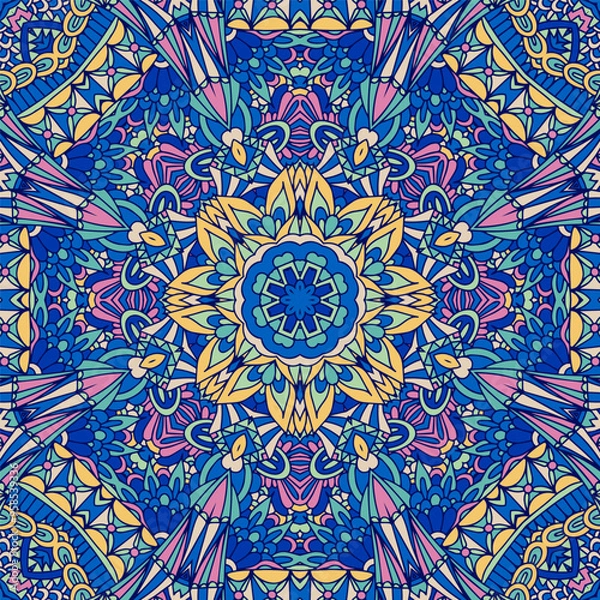 Obraz Medallion doodle blue mandala ornaments. Festive Colorful seamless vector pattern ornamental psychedelic