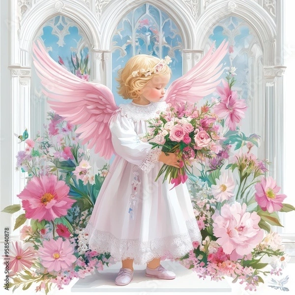 Obraz A beautiful angel holds a bouquet of flowers, surrounded by a vibrant floral backdrop in a serene, ethereal setting.
