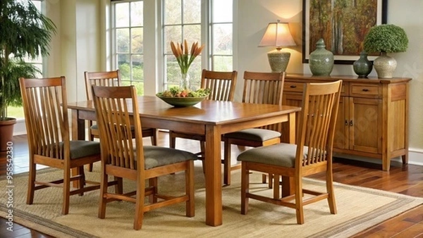 Fototapeta The mission-style dining set features long, sturdy legs and warm, golden-brown tones, combining to create a striking