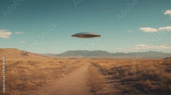 Obraz Mysterious UFO Hovering Over Desert Landscape with Mountains