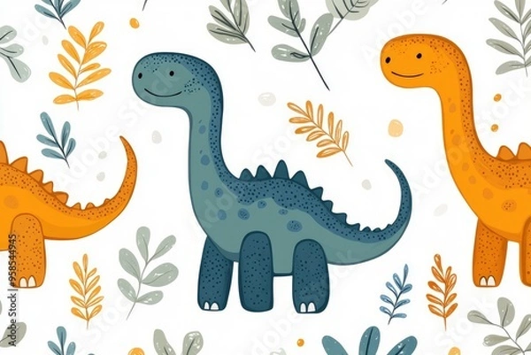 Obraz Cute smiling dinosaurs walking among tropical plants seamless pattern