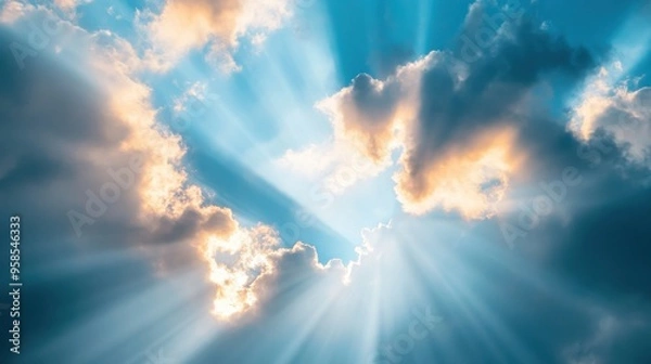 Fototapeta Bright sun rays radiate through soft clouds in a vibrant blue sky, creating a dramatic and peaceful natural scene filled with light and contrast.