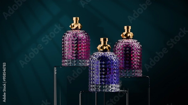 Obraz Front view expensive perfume as a present on the dark background