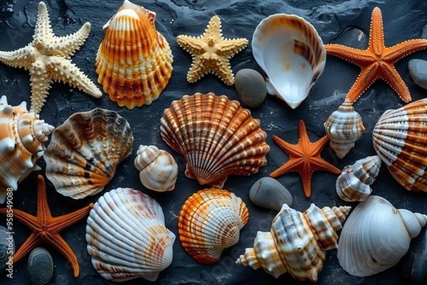Fototapeta Collection of seashells and starfish on a dark background, showcasing natural coastal beauty and marine life diversity. Ideal for beach, vacation, and ocean-themed designs.