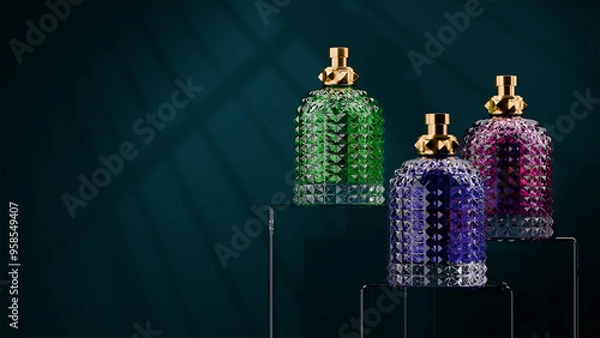 Obraz Front view expensive perfume as a present on the dark background