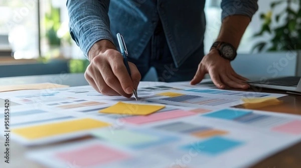 Fototapeta Entrepreneur reviewing a business plan with a focus on company milestones and goals Business plan presentation