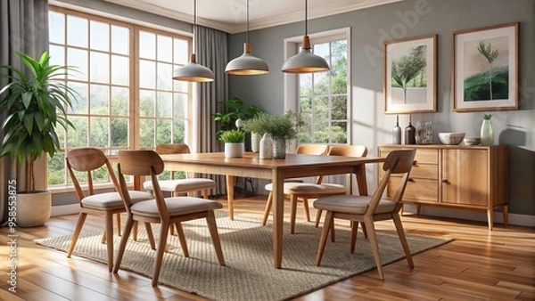 Fototapeta This wooden dining table with chairs brings a touch of rustic charm to your home, creating a comfortable