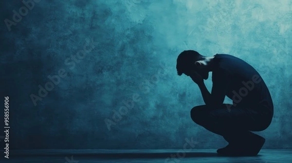 Obraz A silhouette of a man crouched down with his head in his hands against a moody, blue-toned background, representing despair and mental struggle.