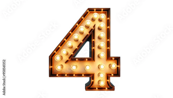 Fototapeta Vintage Steampunk Number '4' with Illuminated Incandescent Bulbs in Old American Road Sign Style on Transparent Background