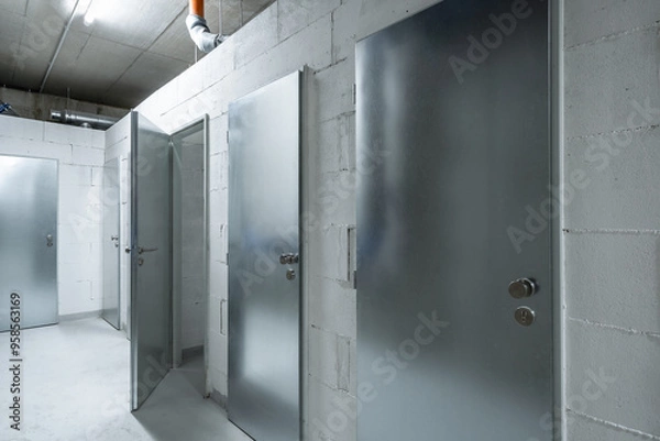 Fototapeta Metallic doors in a dimly lit corridor with concrete walls, representing an industrial or commercial interior space with modern design elements.