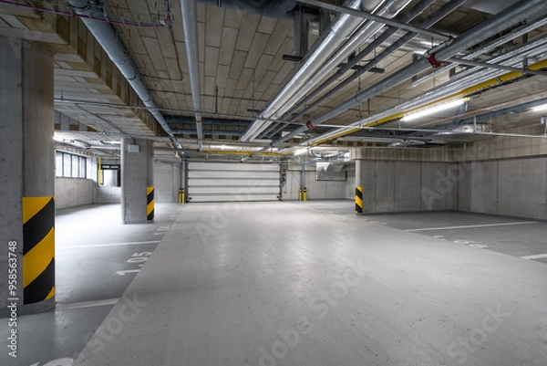 Fototapeta A spacious underground parking garage with exposed pipes on the ceiling, yellow and black striped pillars, concrete walls, and marked parking spaces, with no cars or people present.