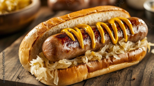 Obraz Juicy bratwurst sausages on a bun with sauerkraut, dripping with mustard, hearty and satisfying