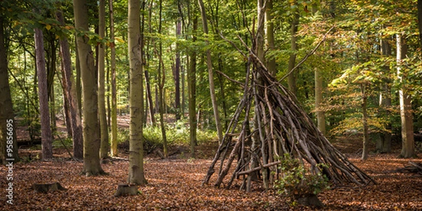 Fototapeta A wooden tepee in the middle of a autumn forest