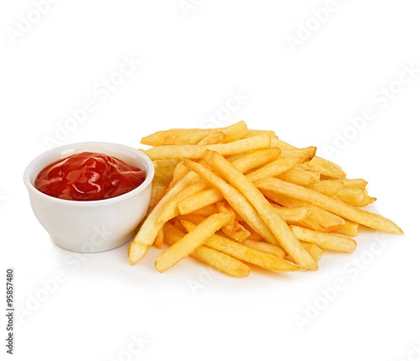 Fototapeta Potatoes fries with ketchup close-up isolated on a white background.
