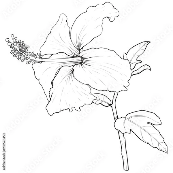 Fototapeta Hibiscus flower drawing line art vector illustrations. Botanical floral hand drawn element.