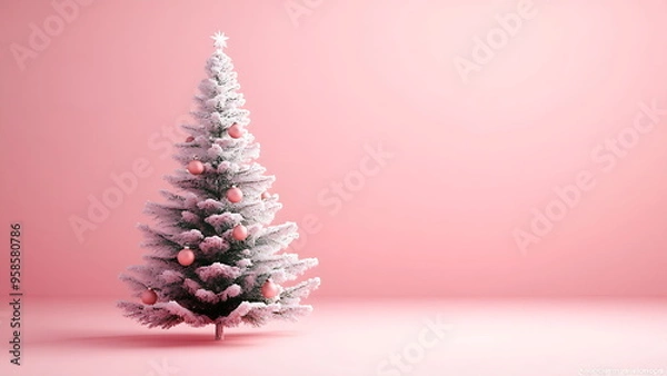 Fototapeta A Christmas tree with pink ornaments on a pink background with copy space