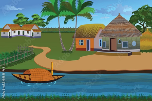 Fototapeta A rural village landscape with a river, mud road, coconut trees, and green grass, features houses, fences, and trees on a beautiful cartoon-style background