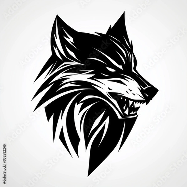 Obraz Stylized wolf logo with sharp, angular lines, featuring a fierce expression and bold outlines