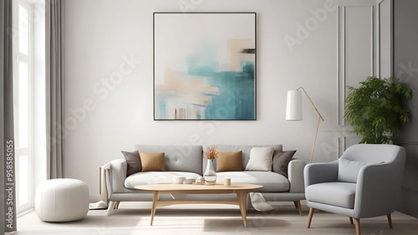 Fototapeta A modern living room features sleek lines, chic furnishings, minimal decor, and bright, elegant accents.