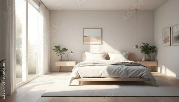 Fototapeta A minimalist bedroom with a large bed, wooden nightstand, and framed artwork on the wall. The room has a bright, airy feel with natural light streaming through the window.