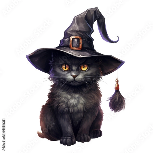 Obraz Cute Black Cat with Witch Hat Isolated on a Transparent Background