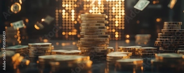 Obraz Stacks of shimmering coins surrounded by floating currency, creating a vibrant atmosphere of wealth and financial prosperity.