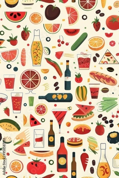 Fototapeta Vibrant Food Drink Seamless Pattern