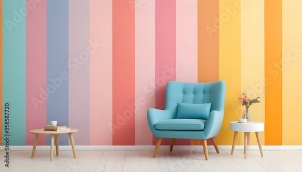 Fototapeta A teal blue armchair with wooden legs in front of a colorful striped wall in pastel shades of pink, orange, and yellow.