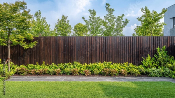 Fototapeta A neatly landscaped backyard featuring a tall wooden fence, lush green plants, manicured lawn, and trees under a clear sky.

